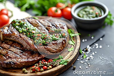 Homemade grilled steak with chimichurri sauce and spices. Generative AI Cartoon Illustration