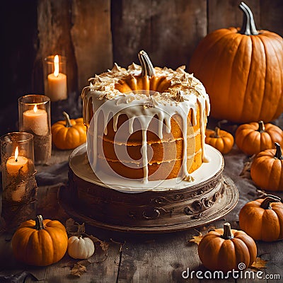 Homemade Halloween Cake topping with orange flowers and candle decorated scary pumpkin. Dessert and food bakery Stock Photo