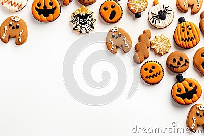 Homemade Halloween cookies on a white background, top view. With Generative AI technology Stock Photo