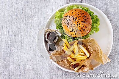 Homemade hamburger with french fries Stock Photo