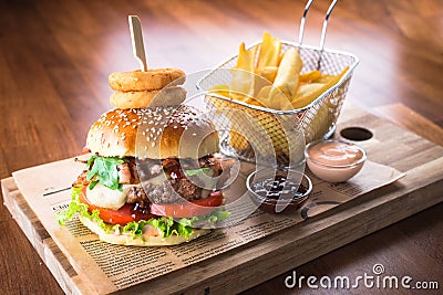 Homemade hamburger with french fries Stock Photo