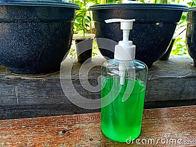 Homemade hand sanitizer made of lime dish soap Stock Photo