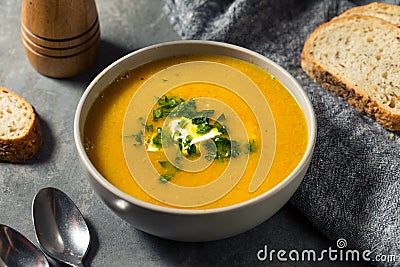 Homemade Healthy Carrot Lentil Soup Stock Photo