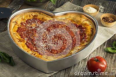 Homemade Heart Shaped Chicago Deep Dish Pizza Stock Photo