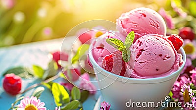 Homemade ice cream with berry flavor, served in white bowls decorated with fresh mint leaves, berries, light background Stock Photo