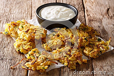 Homemade Indian fried onion bhaji with yogurt close-up. horizontal Stock Photo