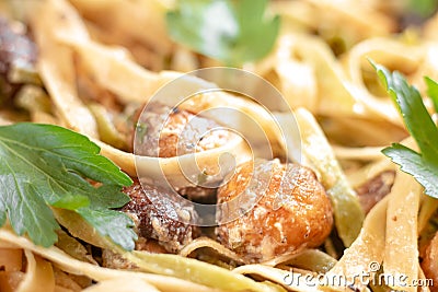 Homemade Italian fettuccine pasta with mushrooms and cream sauce - Fettuccine al Funghi Porcini. Traditional Italian Stock Photo