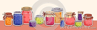 Homemade jams, confiture in glass jars, banner background. Natural sweets, fruit preserves, berry conserves. Home-made Vector Illustration