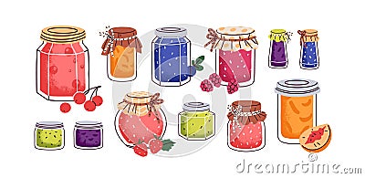 Homemade jams set. Fruit and berry jelly, marmalade, confiture in glass jars. Home-made preserves with cherry Vector Illustration