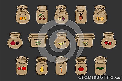 Homemade jar labels set. Outline doodle style design template. Hand drawn vector illustrations. Cute jars, fruit, vegetable and Vector Illustration