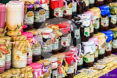 Homemade jars of jam. Food festival in Bucharest, Romania, 2022 Editorial Stock Photo