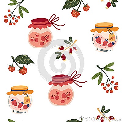Homemade jars with jam seamless pattern. Food print. Glass jars with delicious sweet berry marmalade. Berries, strawberries, Vector Illustration