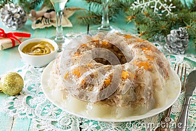 Homemade jelly meat on a festive Christmas table Stock Photo