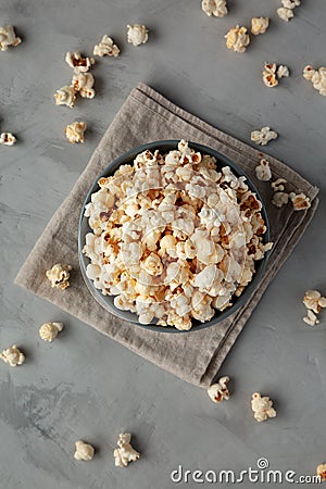 Homemade Kettle Corn Popcorn with Salt in a Bowl, top view. Flat lay, overhead, from above Stock Photo