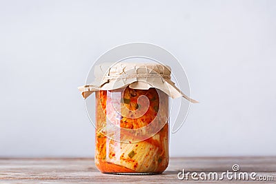 Homemade korean fermented kimchi cabbage salad, vegan, vegetarian preserved food Stock Photo