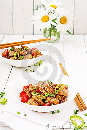 Homemade kung pao chicken with peppers and vegetables. Stock Photo