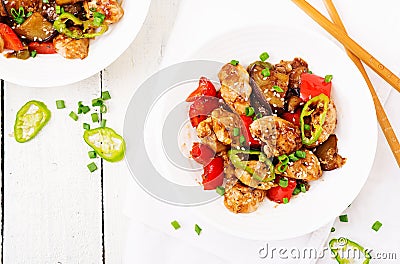 Homemade kung pao chicken with peppers and vegetables. Stock Photo