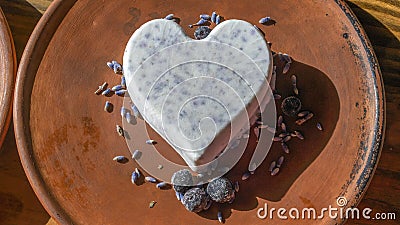 Homemade lavender ice cream in in the shape of a heart in rural clay plate decoration blueberry. Creamy vegan lavender ice cream Stock Photo