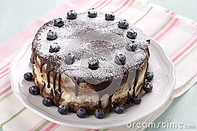 Homemade layered cake with chocolate icing decorated with blueberries Stock Photo