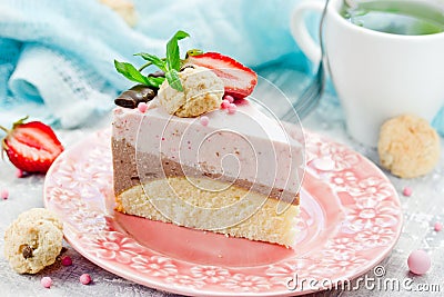 Homemade layered strawberry chocolate mousse cake Stock Photo