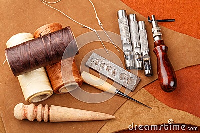 Homemade leather craft equipment Stock Photo