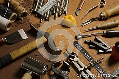 Homemade leather craft tool and accessories Stock Photo