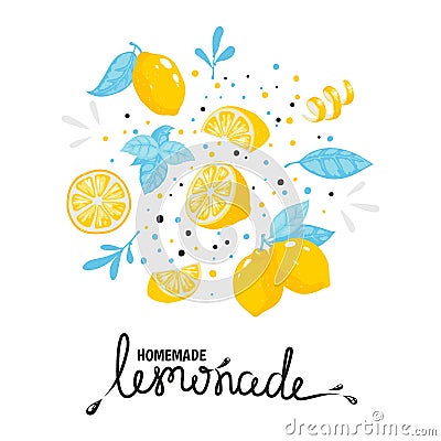 Homemade lemonade hand drawn typography. Summer cold cocktail with lemon. Vector sketch lemon illustration Vector Illustration