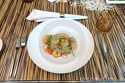 Homemade linguini pasta, shrimps Stock Photo