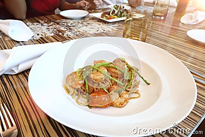 Homemade linguini pasta, shrimps Stock Photo