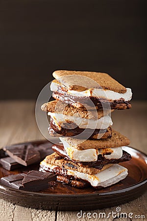 Homemade marshmallow s`mores with chocolate on crackers Stock Photo