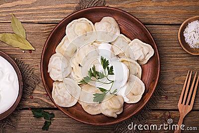 Homemade meat dumplings - russian pelmeni with sour cream Stock Photo