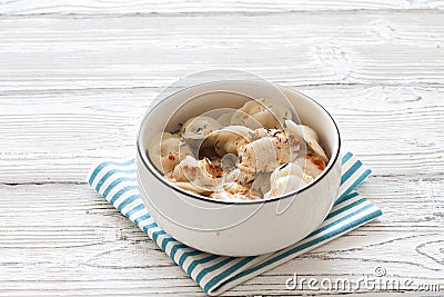 Homemade meat dumplings - russian pelmeni Stock Photo