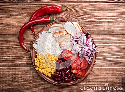 Homemade mexican chicken burrito bowls . Stock Photo