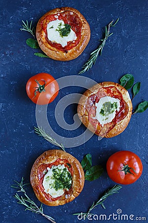 Homemade Mini Pizza with Tomatoes, Cheese and Bacon, Injuries and Spices on Dark Background Stock Photo