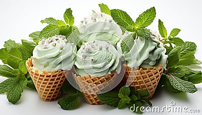 Homemade mint ice cream, fresh berry scoop on cookie bowl generated by AI Stock Photo