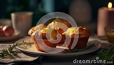 Homemade muffin on wooden plate, a sweet indulgence for snack generated by AI Stock Photo