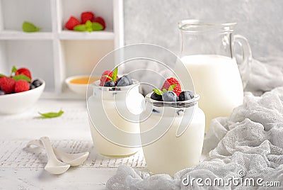 Homemade natural yogurt with blueberry and raspberry Stock Photo