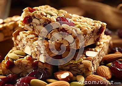 Homemade organic granola protein bar with oats and seeds for breakfast on table.Macro.AI Generative Stock Photo