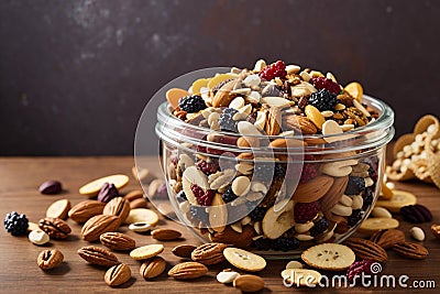 Homemade Organic Trail Mix Over Wooden Table Stock Photo