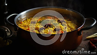 Homemade paella with fresh seafood, saffron, and yellow rice generated by AI Stock Photo