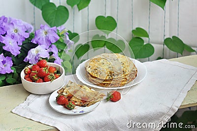 Homemade pancakes and fresh strawberries Stock Photo