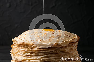 Homemade pancakes with honey and walnuts, vintage white plate, d Stock Photo