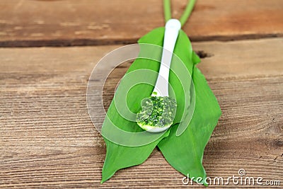 Homemade pesto in jars on rustic wooden table Stock Photo