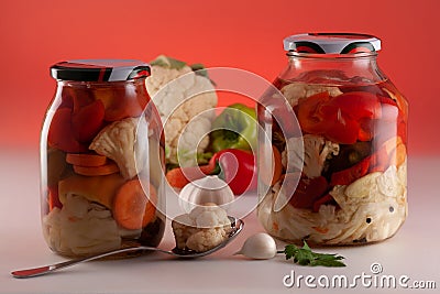 Homemade pickle of pickled vegetables in a glass jar Stock Photo