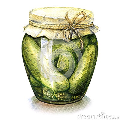 Homemade pickled, canned cucumbers in glass jar isolated, watercolor illustration Cartoon Illustration