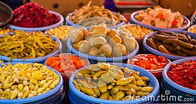 Homemade pickled fermented preserved vegetables for long-term storage Stock Photo