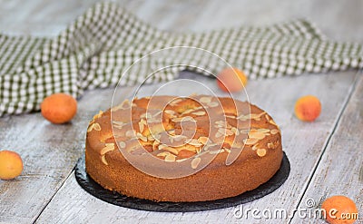 Homemade pie with apricots and almonds on wooden rustic background Stock Photo