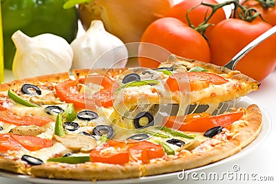 Homemade pizza fresh tomato olive mushroom cheese Stock Photo