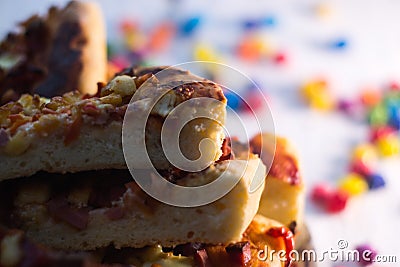 Homemade pizza on a white wooden background. Stock Photo