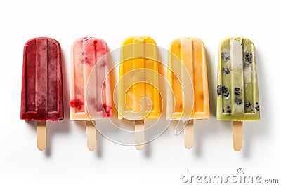 Homemade popsicles with different flavors on white background, top view Stock Photo